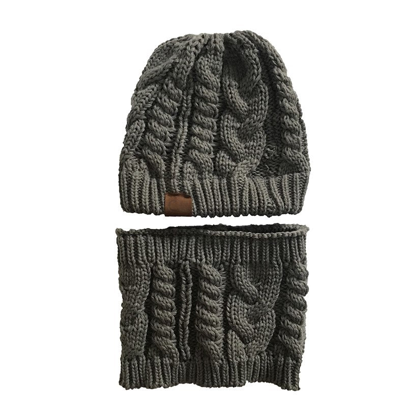 Women's knit hat and scarf set in neutral colors