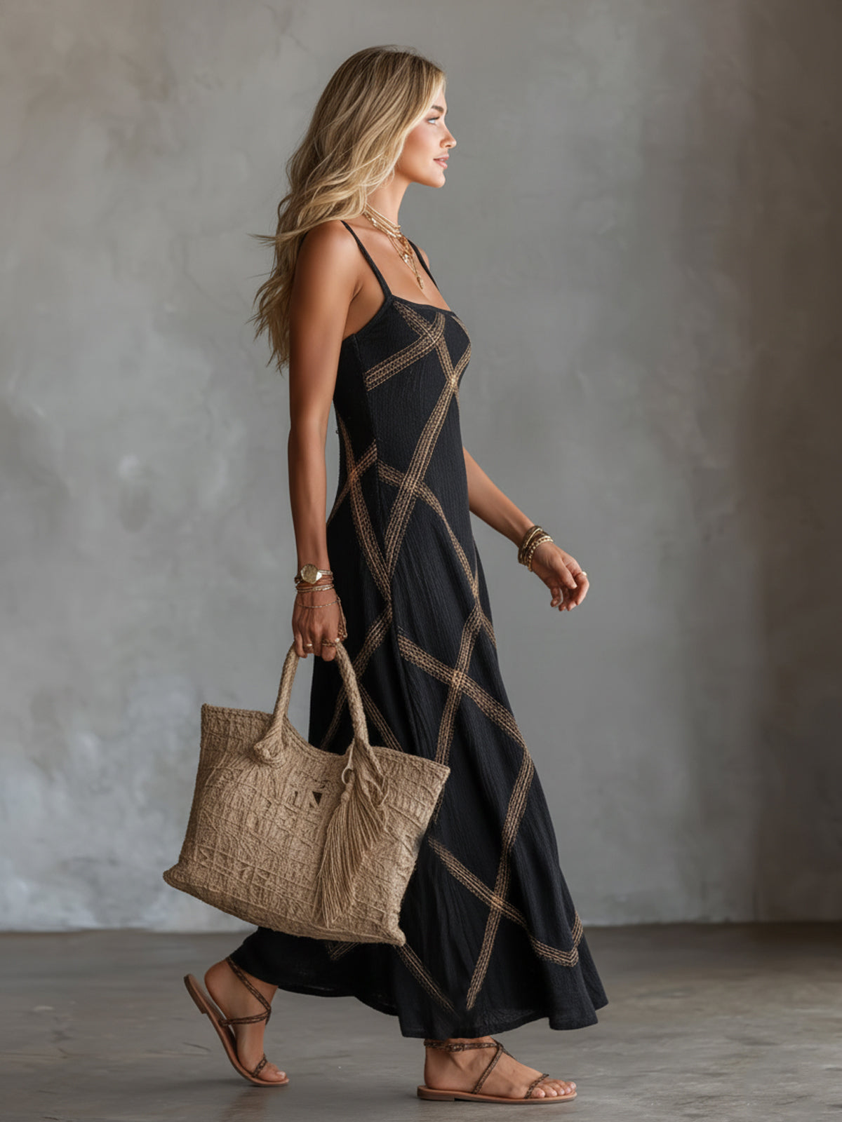 Woman wearing relaxed boho dress with geometric print