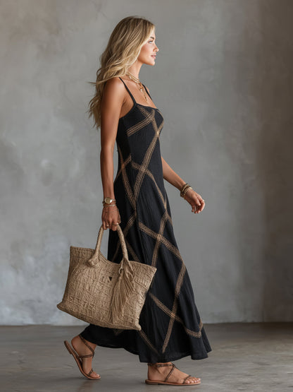 Woman wearing relaxed boho dress with geometric print
