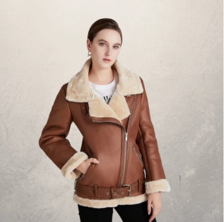 Women's motorcycle jacket with polo collar, front view
