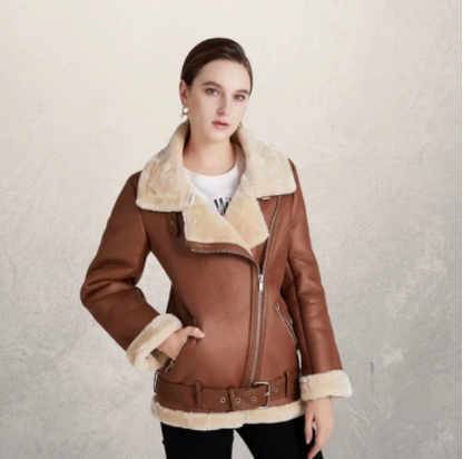 Women's motorcycle jacket with polo collar, front view