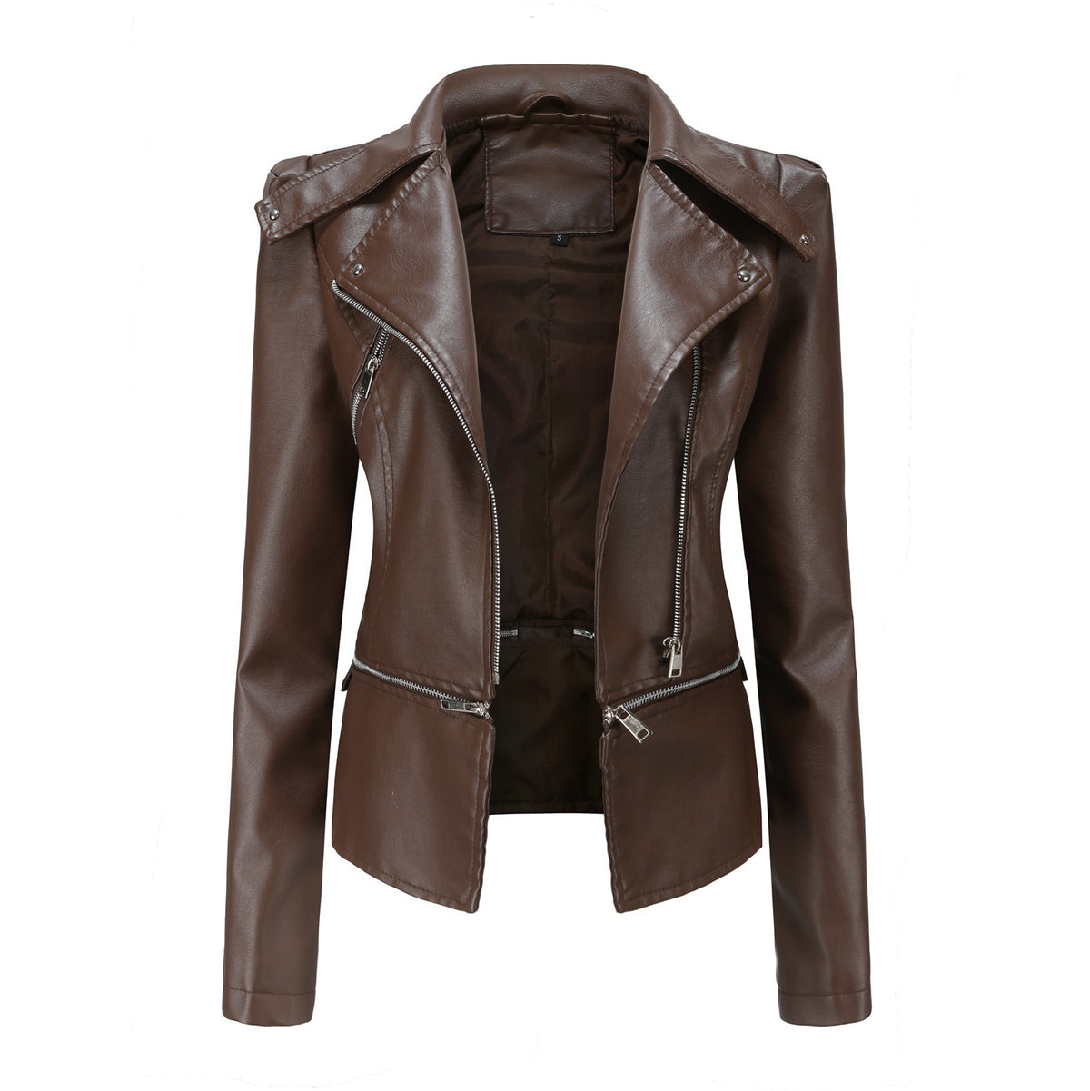 Woman wearing slim fit motorcycle faux leather jacket