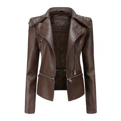 Woman wearing slim fit motorcycle faux leather jacket