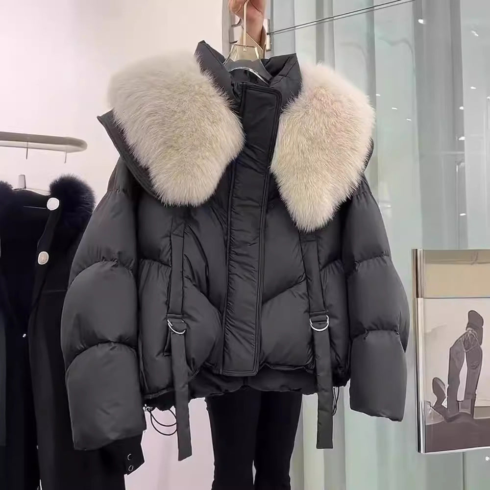 Women's padded winter coat with fur collar in black