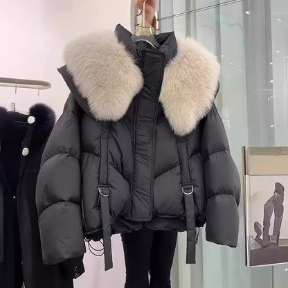 Women's padded winter coat with fur collar in black