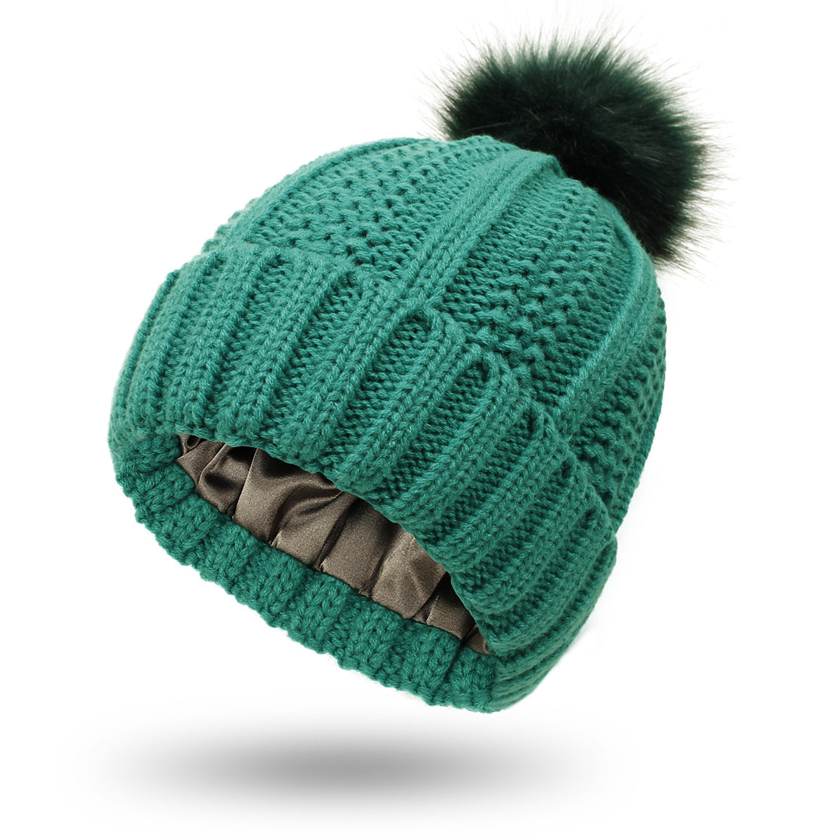 Women's knit beanie with faux fur pom pom