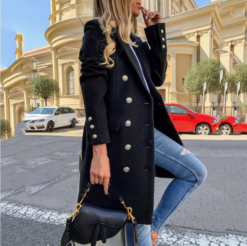 Women's double-breasted mid-length trench coat with notched lapel