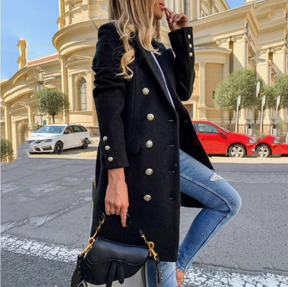 Women's double-breasted mid-length trench coat with notched lapel