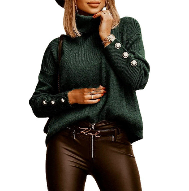 Women's solid color turtleneck sweater with loose fit