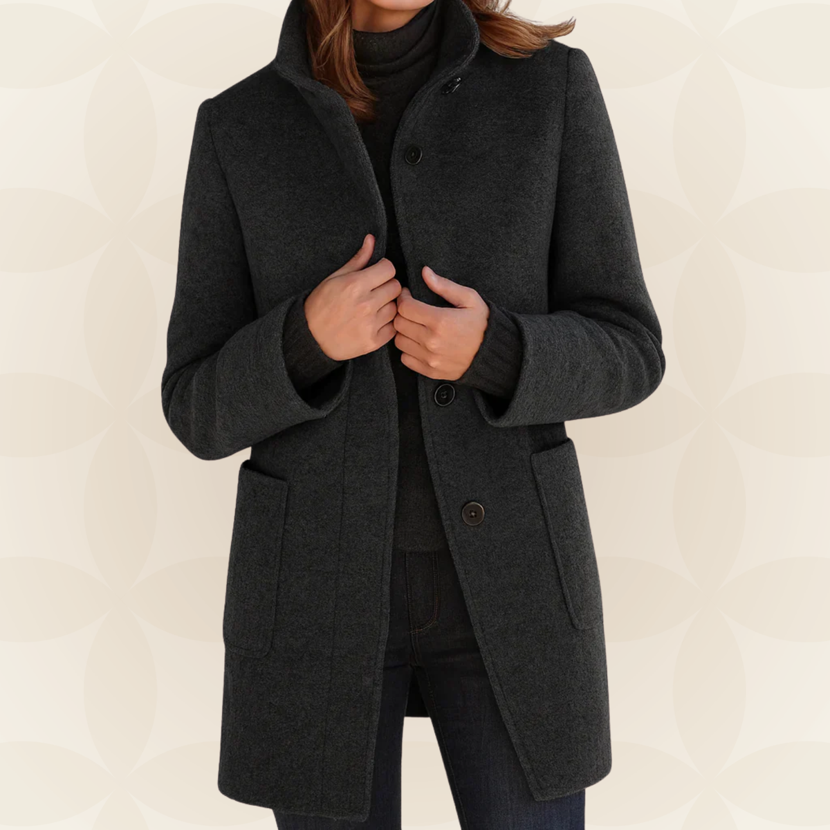 Woman wearing a straight coat with high collar and buttons