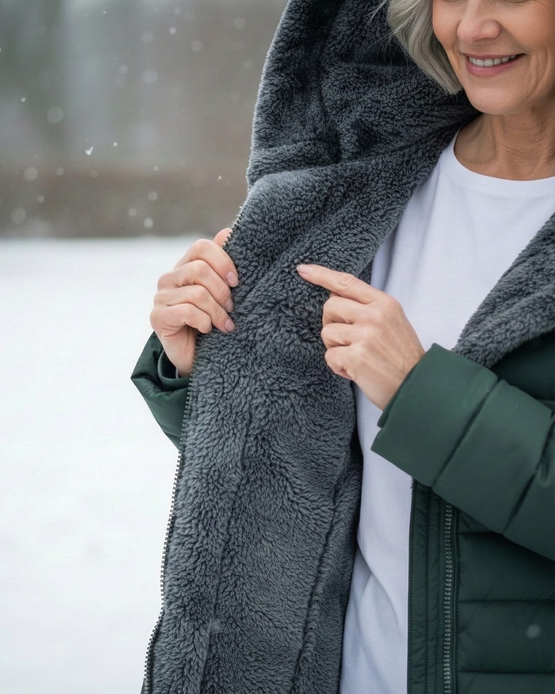 Woman wearing dark green fleece-lined A-line puffer coat