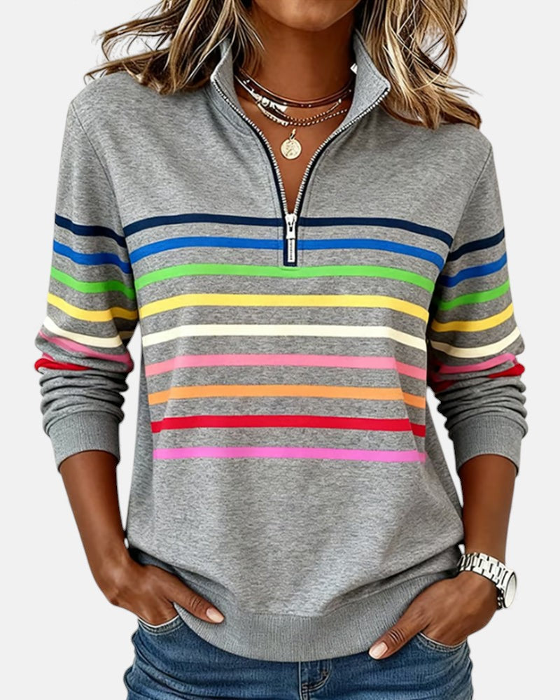 Women's rainbow striped half zip sweatshirt with stand-up collar