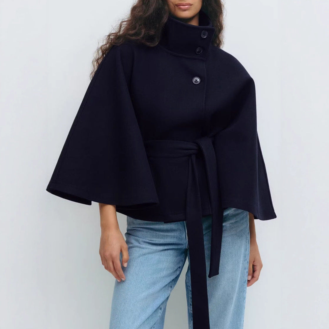 Women's high neck batwing trench coat with belt