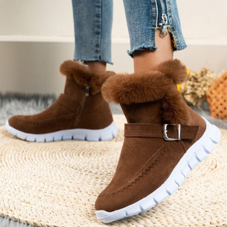 Women's flat plush lined ankle boots with buckle