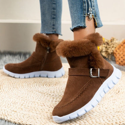 Women's flat plush lined ankle boots with buckle