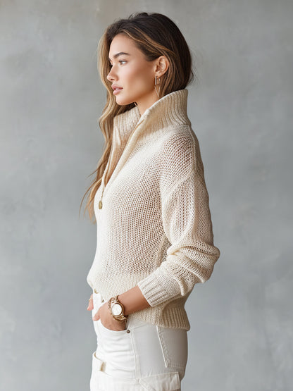 Women's open-knit half-zip relaxed sweater front view