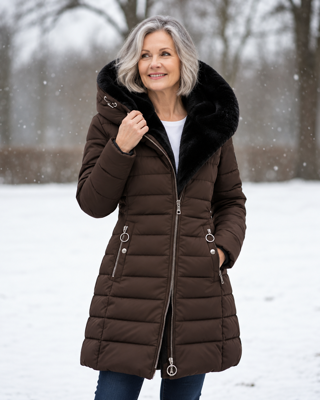 Woman wearing quilted winter coat with hood outdoors