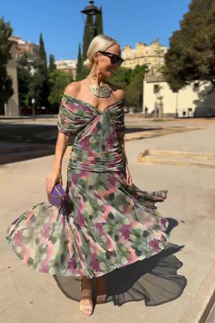 Floral V-neck maxi dress with pleated waist, front view