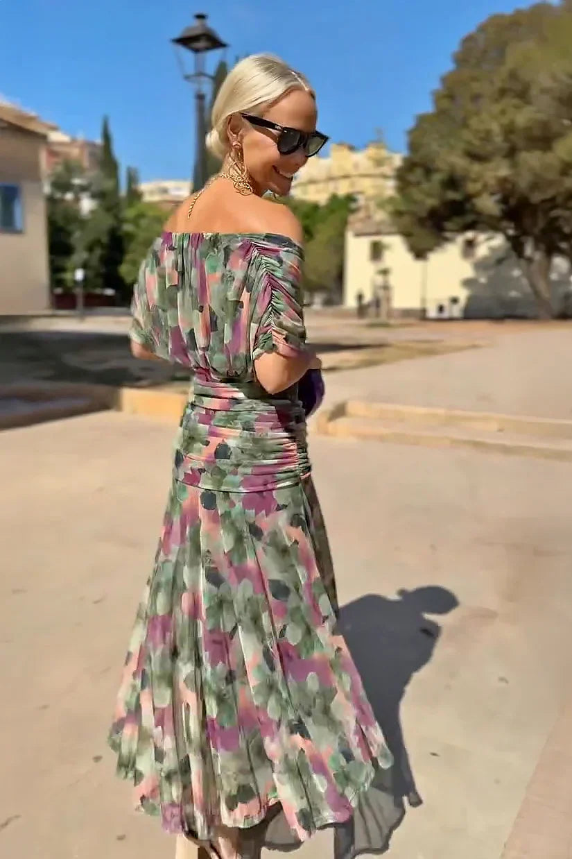 Floral V-neck maxi dress with pleated waist, front view