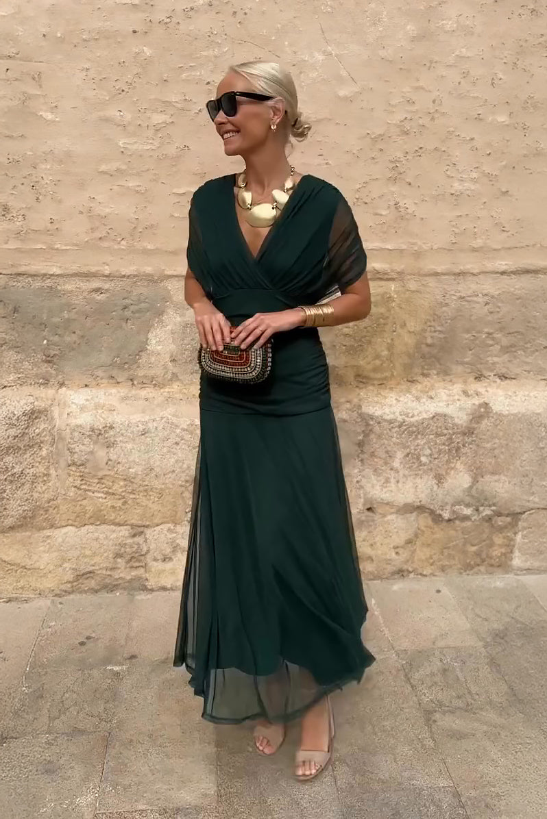Floral V-neck maxi dress with pleated waist, front view