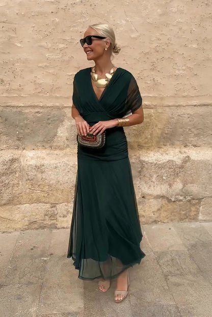 Floral V-neck maxi dress with pleated waist, front view