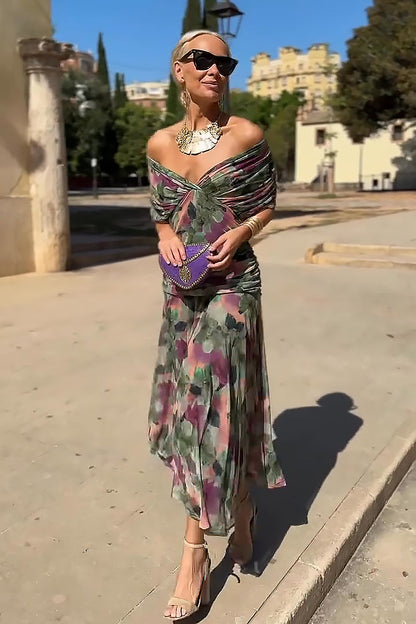 Floral V-neck maxi dress with pleated waist, front view