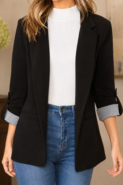Women's lapel blazer cardigan with structured shoulders, front view