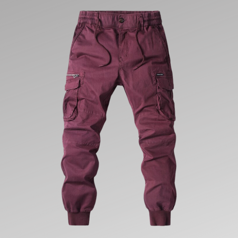Men's cotton cargo pants with drawcord hem - red