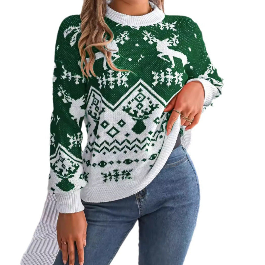 Women's red knit sweater with deer print and lantern sleeves