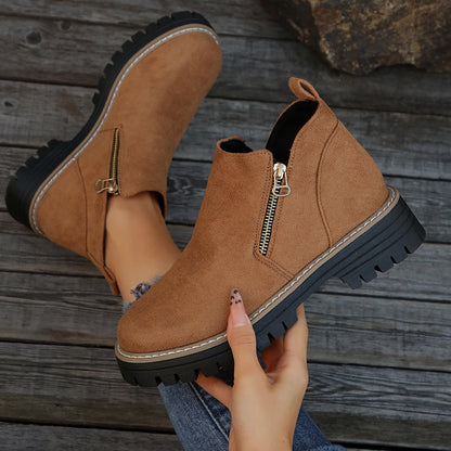 Women's chunky heel suede ankle boots with side zipper
