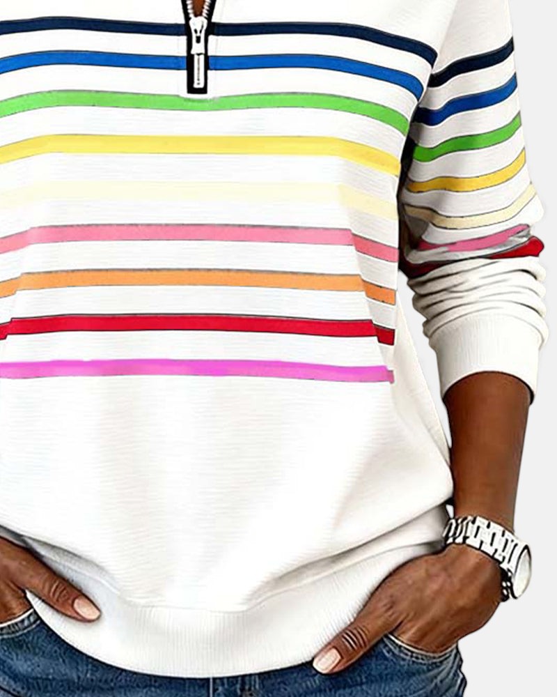 Women's rainbow striped half zip sweatshirt with stand-up collar