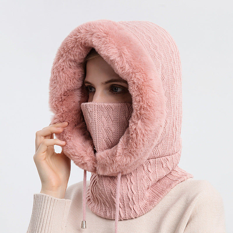 Women's hooded winter knit hat with scarf