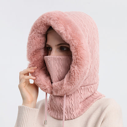 Women's hooded winter knit hat with scarf