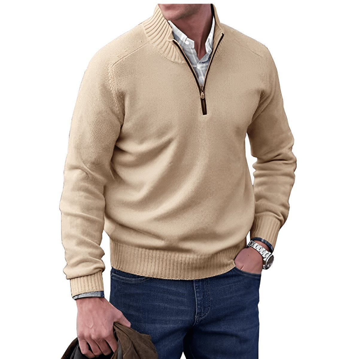 Quarter-zip knitted sweater for men - brown