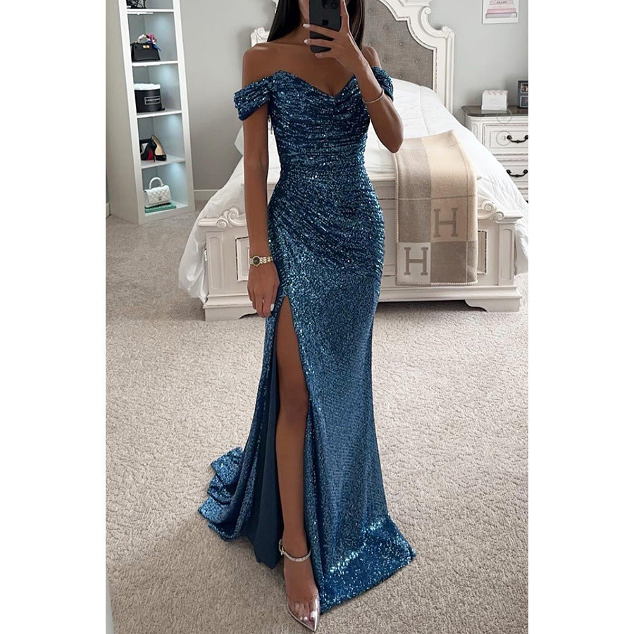 Woman in off-shoulder split party dress, solid color