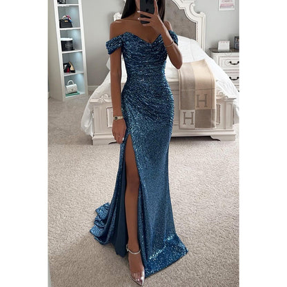 Woman in off-shoulder split party dress, solid color