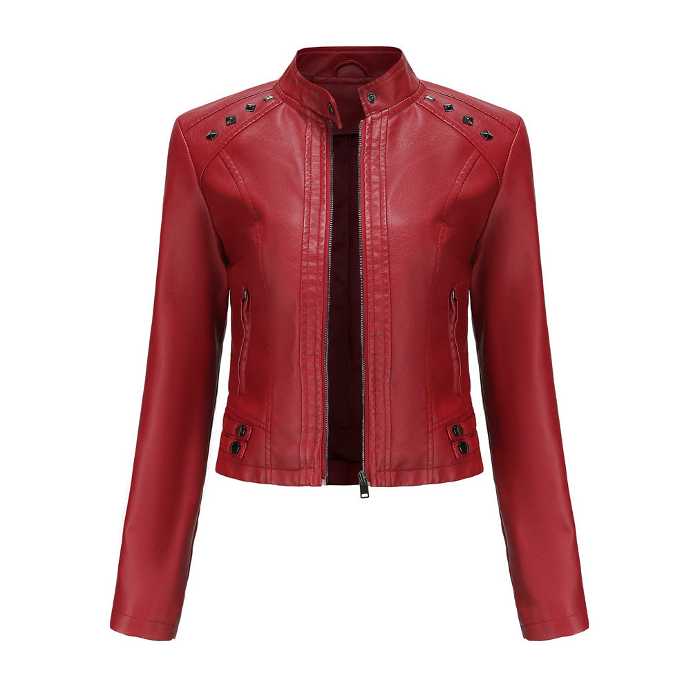 Women's studded faux leather short jacket with zip front