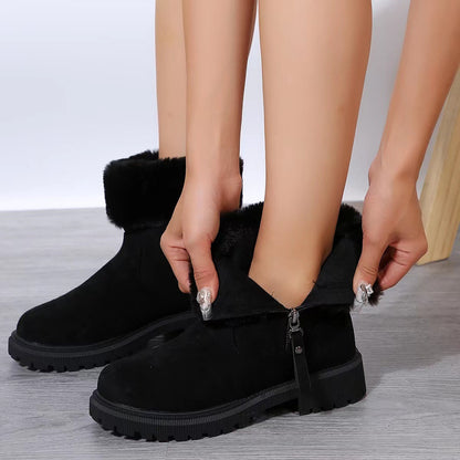 Women's beige winter boots with side zipper and plush lining