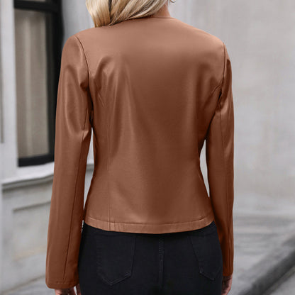 Woman wearing black women's motorcycle jacket with zip front