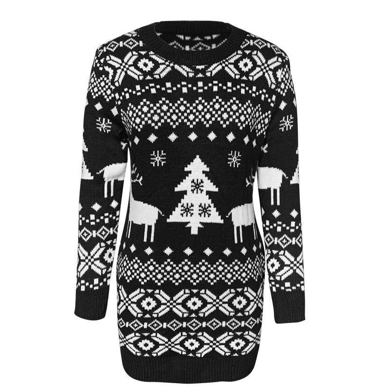 Women's red knit Christmas sweater with elk and snowflake pattern