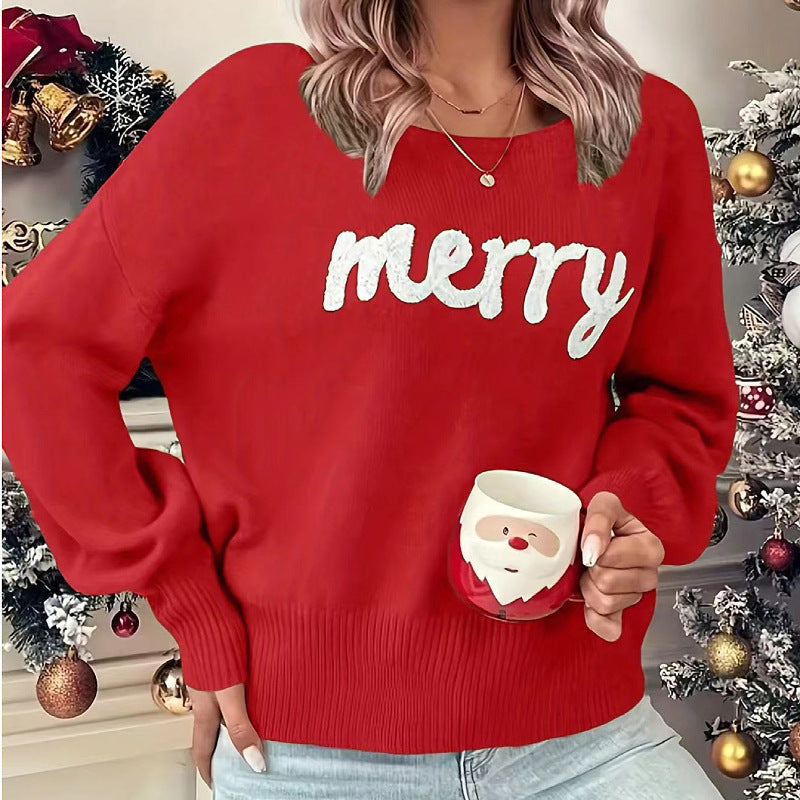 Woman wearing loose knit crew neck pullover sweater