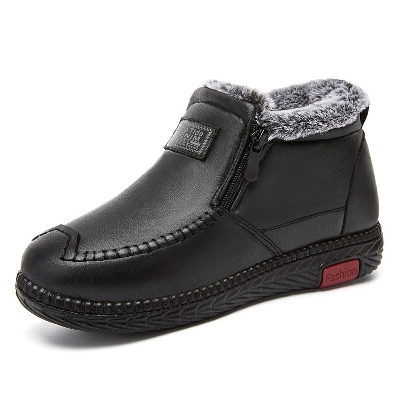 Women's black plush lined winter ankle boots with flat heel