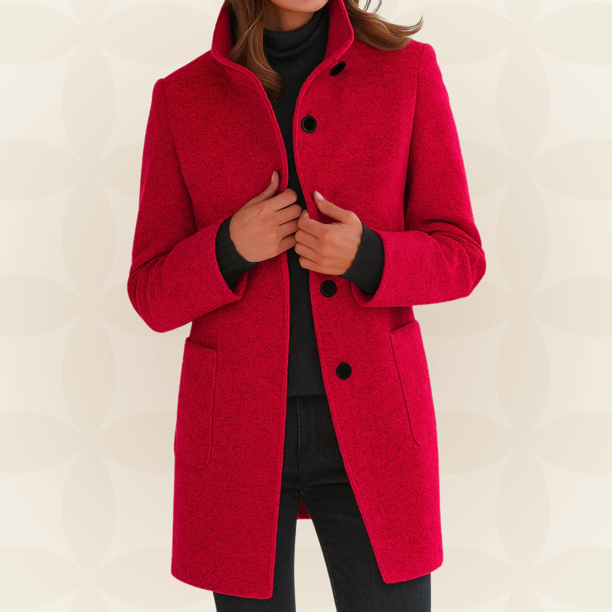 Woman wearing a straight coat with high collar and buttons