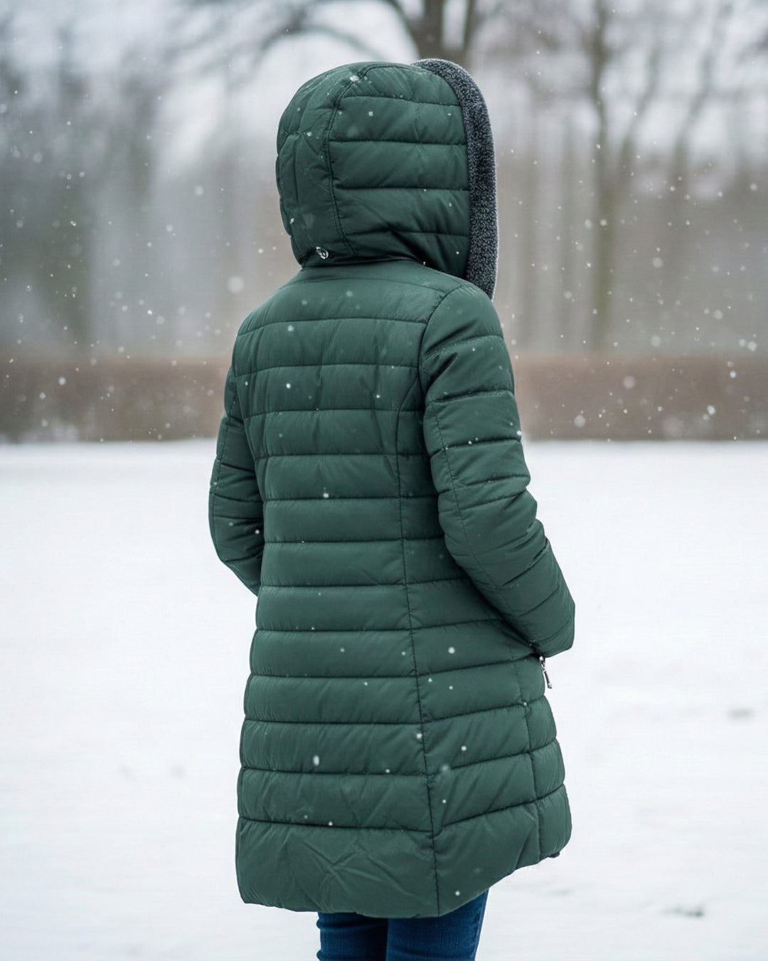 Woman wearing dark green fleece-lined A-line puffer coat