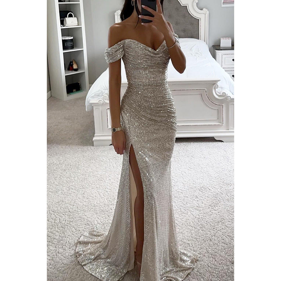 Woman in off-shoulder split party dress, solid color