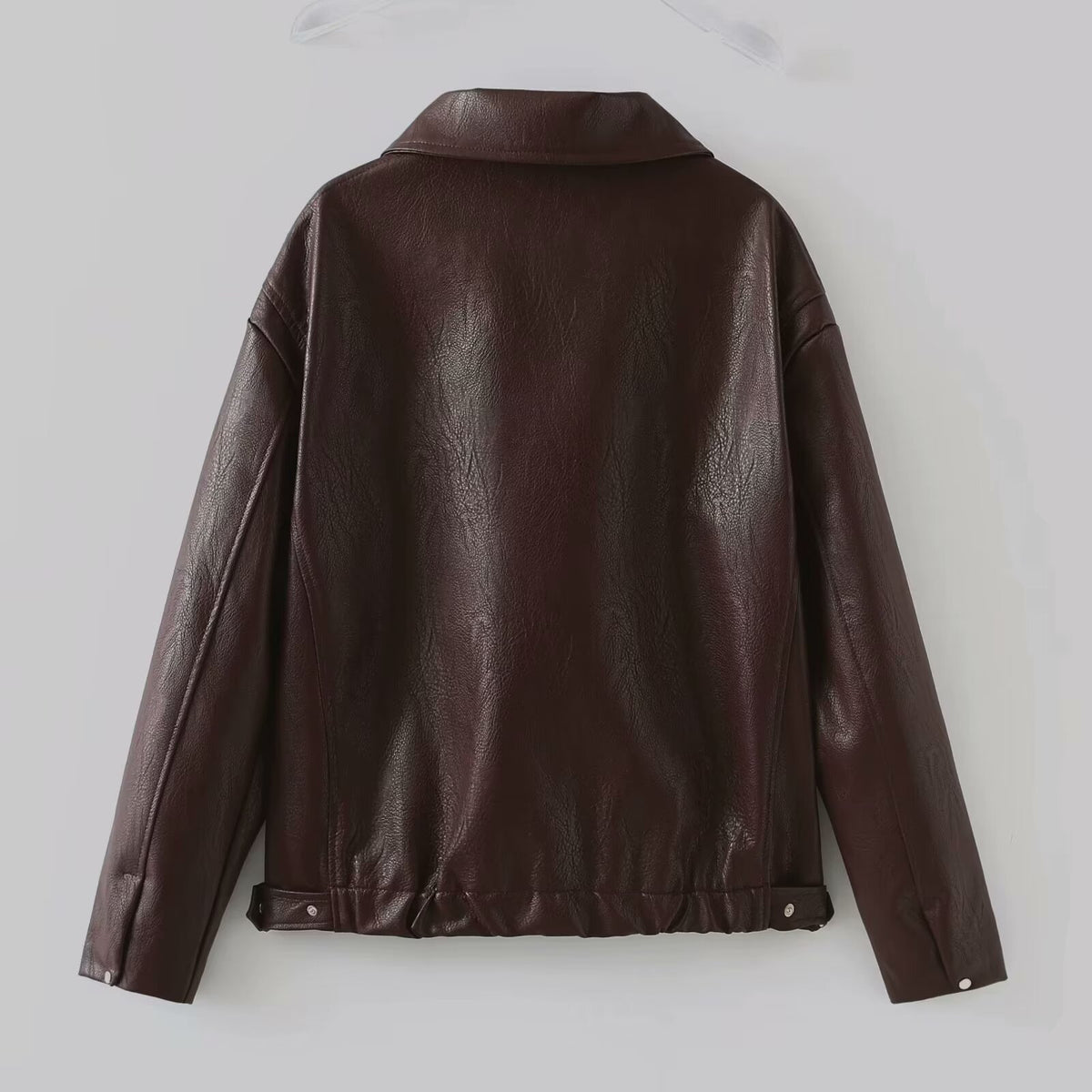 Women's burgundy faux leather zip jacket with lapel collar