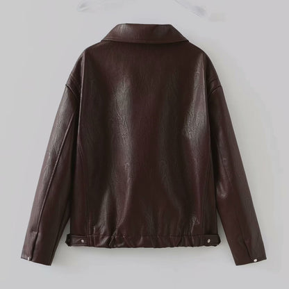 Women's burgundy faux leather zip jacket with lapel collar