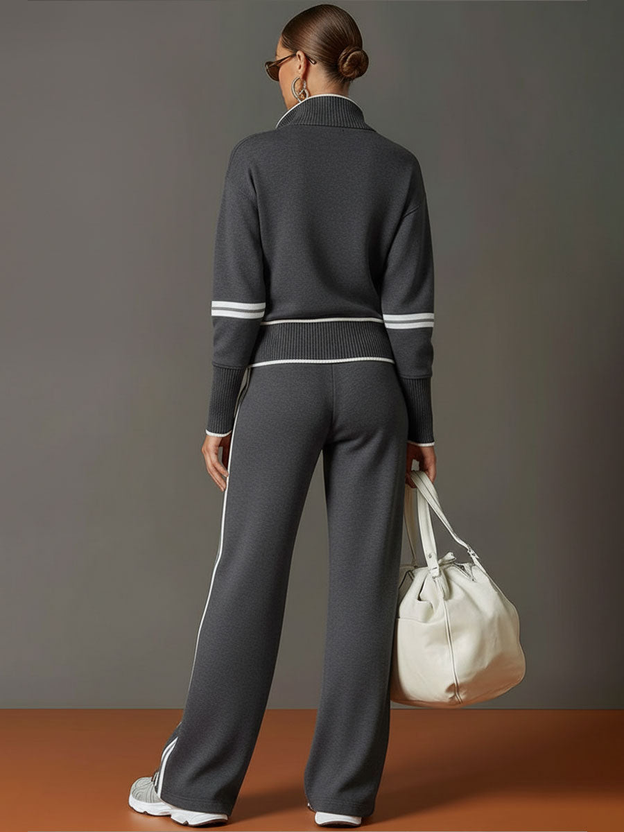 Woman wearing relaxed blouse and wide leg pants set