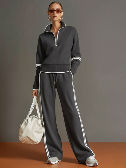 Woman wearing relaxed blouse and wide leg pants set