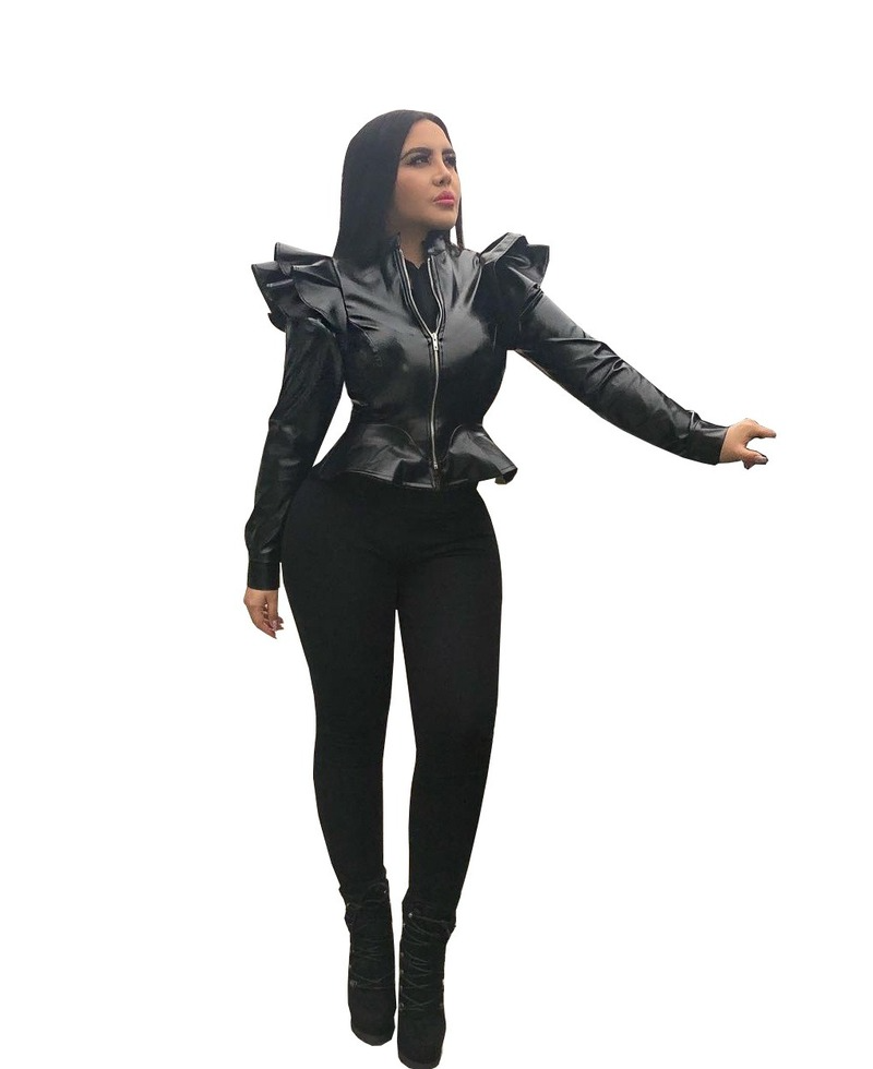Woman wearing black leather jacket with ruffle edge